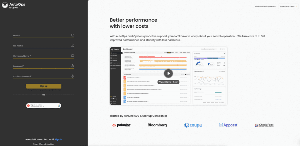 Sign up to Opster AutoOps landing page.